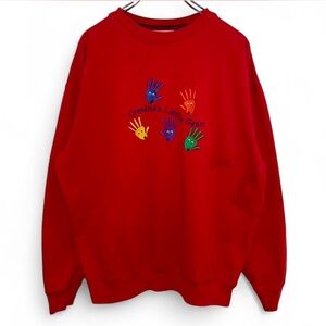 Bright Red Crewneck Sweater with Handprint Design
